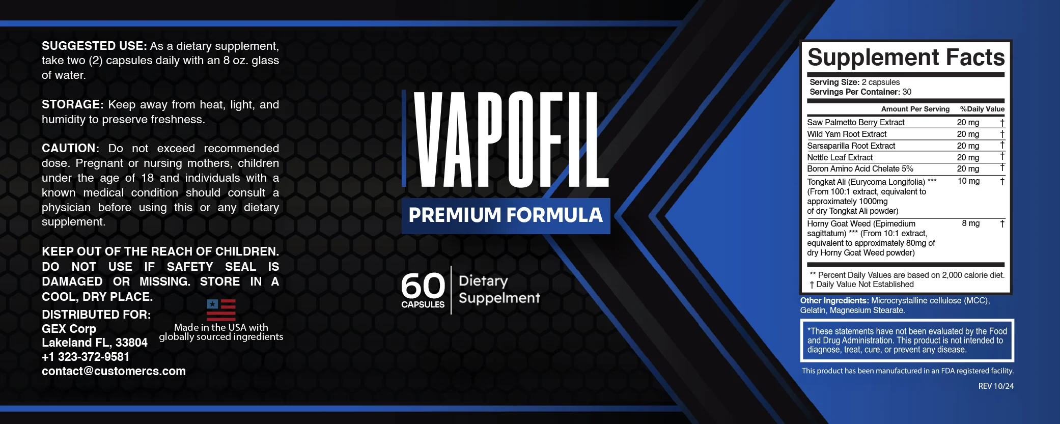 The VapoFil bottle label with the Supplement Facts panel